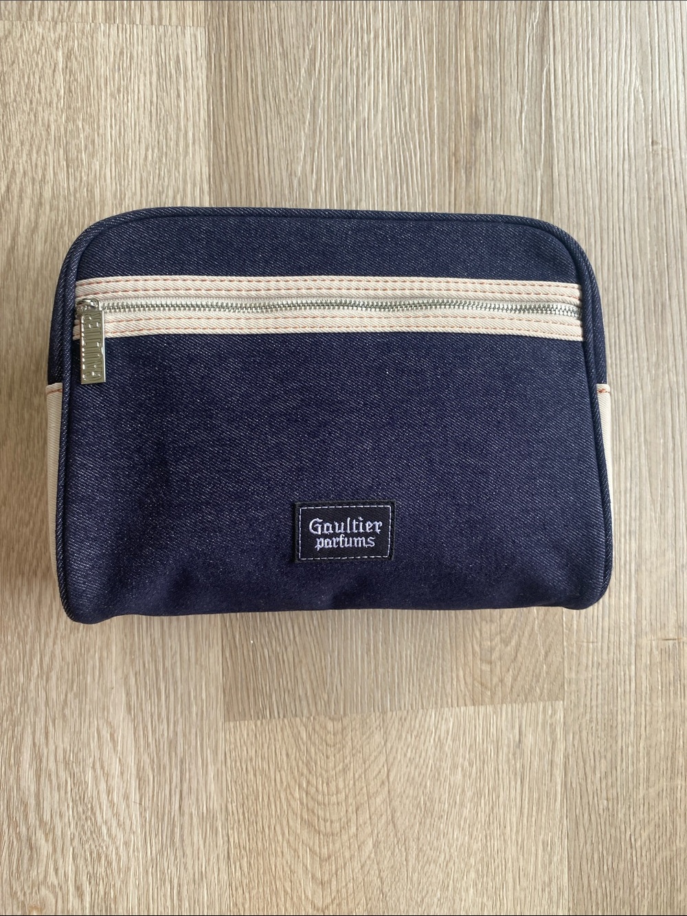 Gaultier Parfums Navy Double Zip Travel Toiletry Cosmetic Bag Denim Look